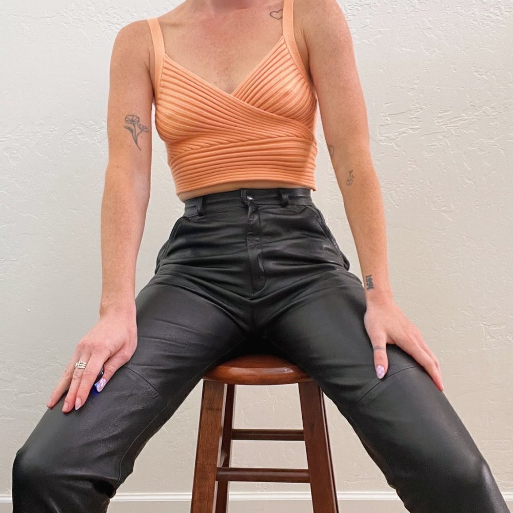 Vintage 1980's Black 100% Leather High Waist Straight Leg Pants